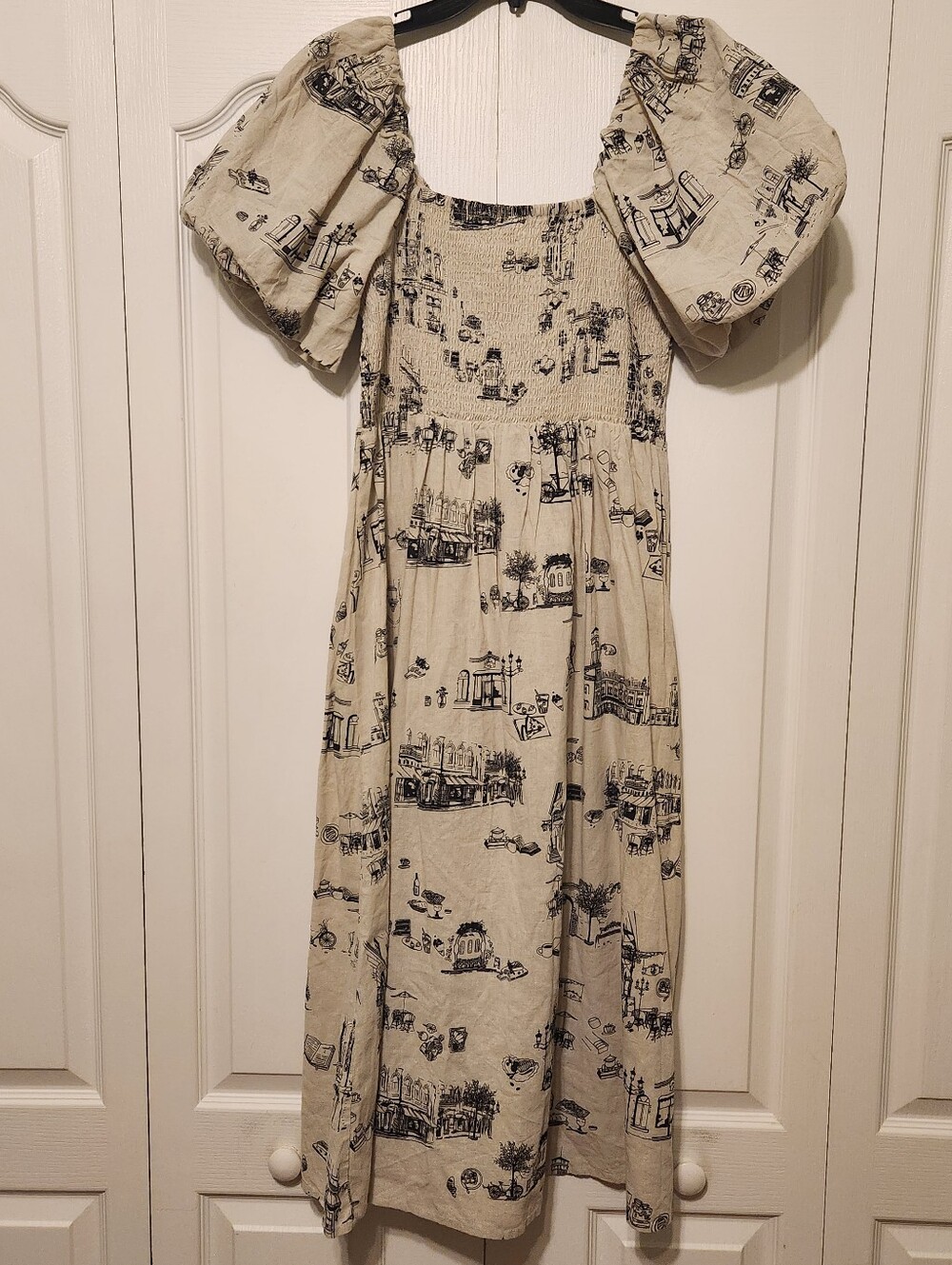Beige Puff Sleeve Smocked Midi Dress Black Scenic Print Paris Vintage Look